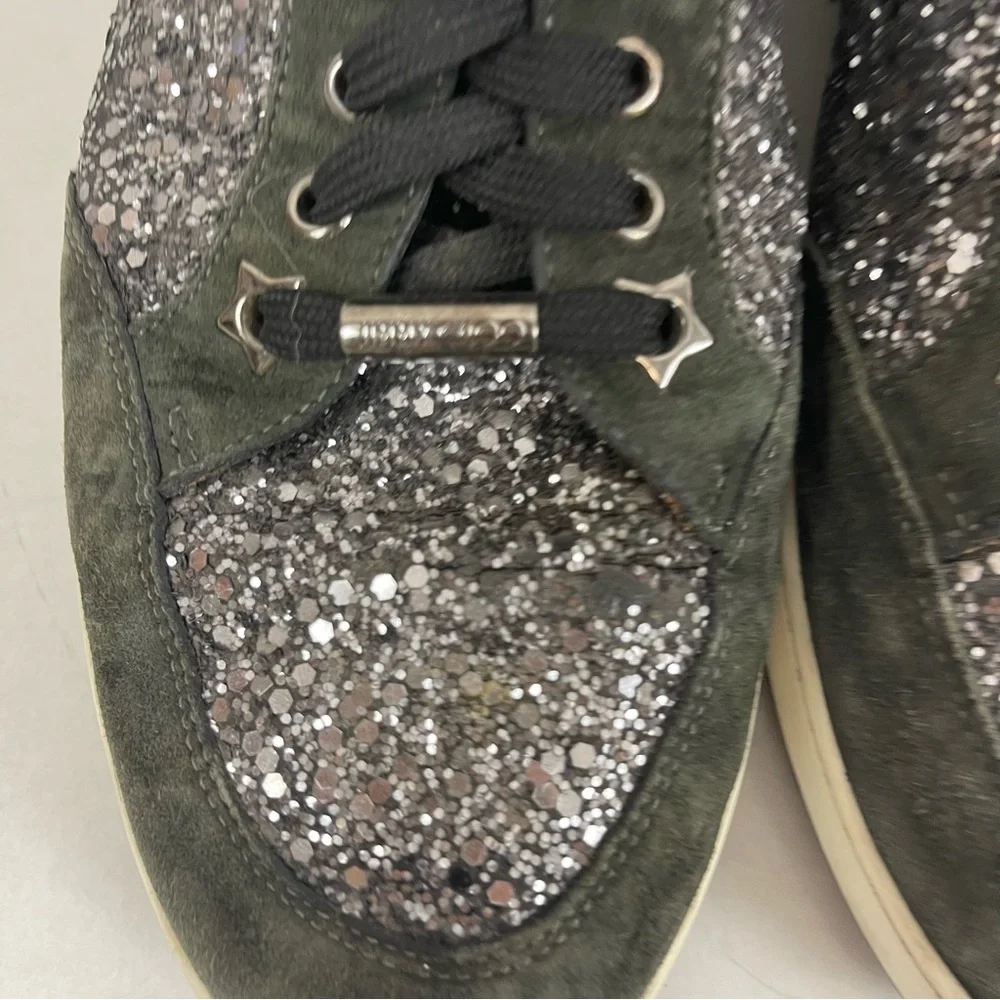 Jimmy Choo‎ Women’s Size 41 Gray Suede & Black Glitter High-Top Sneakers